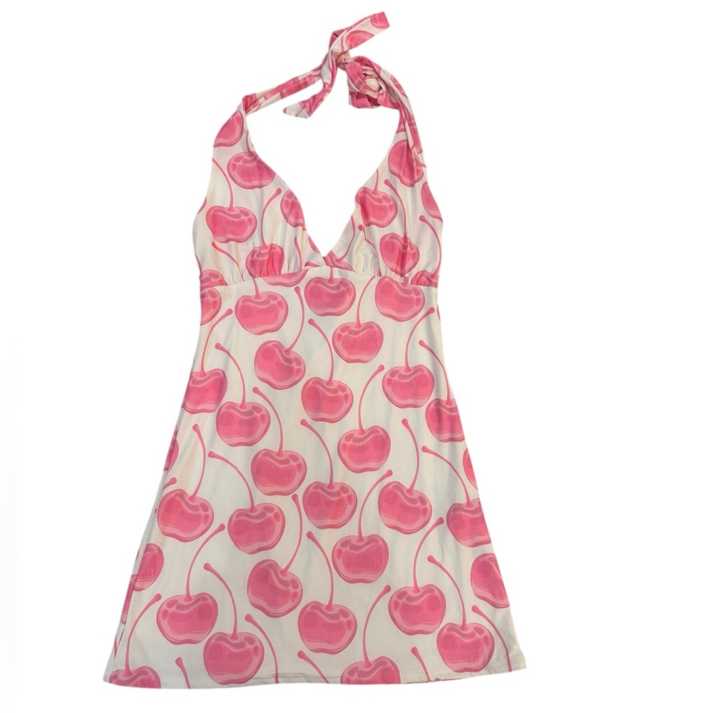 OMIGHTY Y2K Cherry Print Dress Pink Coquette Halter Mini Retro 2000s